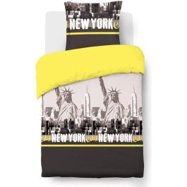 Funda nórdica VISION New York - 100% algodón - 1 funda nórdica 140 x 200 cm + 1 funda de almohada 65 x 65 cm - gris y amarillo