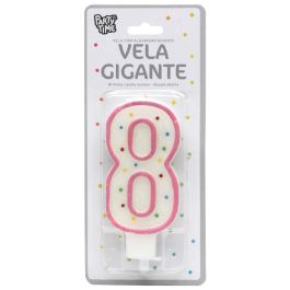 Party Time Vela Aniversario Numeral Cifra 8 para Tarta 14 cm con Pincho Colores Surtidos Decorada con Círculos y Ribete