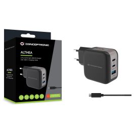 Conceptronic Althea17B Cargador de Pared 67W 3 Puertos (2x USB-C PD 3.0, 1x USB-A QC 3.0) con PPS y Enchufe EU - Negro