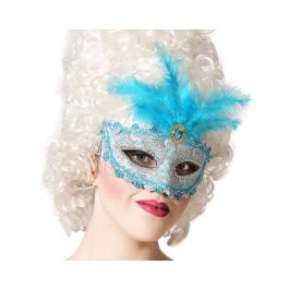 Antifaz Azul Máscara Veneciana con Encaje Brillante y Plumas para Fiestas, Teatro y Fotografía