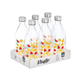 Vivalto Botella de Fruta con Tapon de Acero, 1000 ml, Vidrio Transparente, 9x25.5x9 cm (Set de 12)