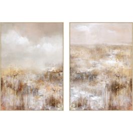 DKD Home Decor Cuadro Decorativo de Pared Glam Abstracto Dorado Rosa Palo de Lienzo y PS 143x103x4.5 cm (2 Unidades)