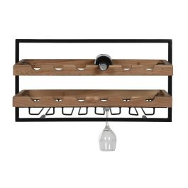 DKD Home Decor Botellero Natural Negro Acacia y Metal 25 x 35 x 65 cm