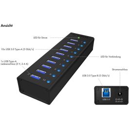 ICY BOX IB-AC6110 Hub USB 3.2 Gen 1 de 10 Puertos Tipo-A, Aluminio, con Fuente de Alimentación, 5000 Mbit/s, Negro