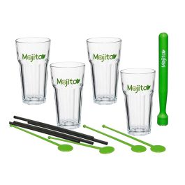 Secret Of Gourmet Kit para mojitos con 13 piezas: 4 vasos, 4 pajitas negras, 4 mezcladores verdes, 1 mortero verde Precio: 17.5000001. SKU: S7902794