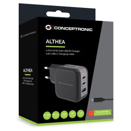 Conceptronic Althea17B Cargador de Pared 67W 3 Puertos (2x USB-C PD 3.0, 1x USB-A QC 3.0) con PPS y Enchufe EU - Negro