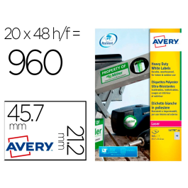 Avery Etiquetas Adhesivas Poliéster Blanco Extra Resistente Láser 45,7x21,2 mm Caja de 960 Unidades Precio: 45.50000026. SKU: B1GF5MD697