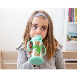 KioKids Botella Termo Infantil +6 meses Acero Inoxidable Antiderrame con Asas y Pajita Sin BPA Dragón Verde 280 ml