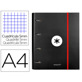 Antartik Carpeta con recambio A4 cuadro 5mm forrada 4 anillas 40mm redondas con solapa color negro