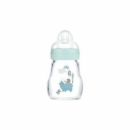 MAM Biberón de vidrio Glass premium 170ml Azul con Tetina Flow 1 ultra suave patentada, resistente al calor, para bebés 0-6 meses