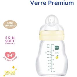 MAM Flow Teat 1 Biberón de Vidrio Premium 170 ml, 0-6 Meses, Resistente al Calor, Tetina Ultra Suave y Cuello Ancho, Blanco