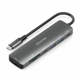 AISENS ASUC-7P026-GR Dock USB-C 7 en 1 Replicador de Puertos para Portátil, HDMI 4K@30Hz, USB-A, USB-C PD 100W, Lector SD/MicroSD Gris