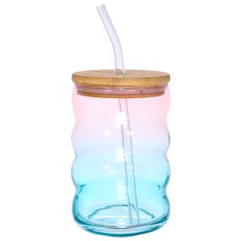Home Deco Factory Tarro de Vidrio con Pajita y Tapa de Bambú 500 ml - Diseño Redondeado