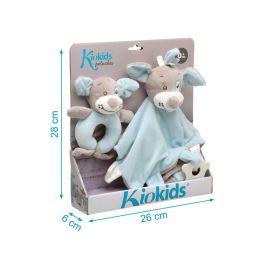 KioKids Set Doudou y Sonajero Perrito Azul Suave para Bebés +0 Meses. Con Mordedor y Sonidos, Ideal para Apego
