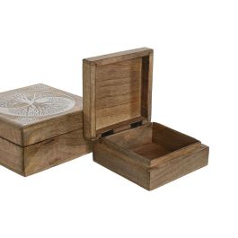 DKD Home Decor National 24a Joyero Indio de Madera de Mango, Blanco Natural 18x18x9 cm - Set de 2 con Diseño de Árbol