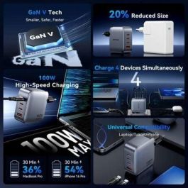 Vention TZ-FETH0-EU Cargador de Pared GaN 100W con 3xUSB Tipo-C y 1xUSB para carga rápida