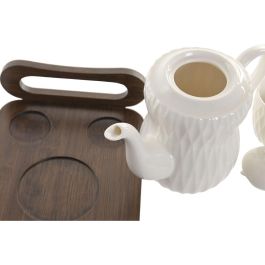 DKD Home Decor Set de 6 Piezas Pengjia 25 Tazas de Porcelana y Bambú Blanco/Marrón Oscuro 23x19x28 cm