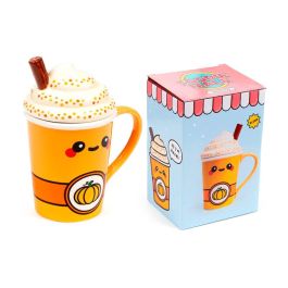 Puckator Taza de cerámica Calabaza Foodiemals Latte con tapa 325ml, No apta microondas/lavavajillas