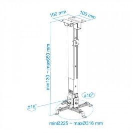 TooQ PJ2012T-S Soporte para Proyector de Techo Inclinable +/- 15°, 20kg, Ajustable 13-65cm, Plata