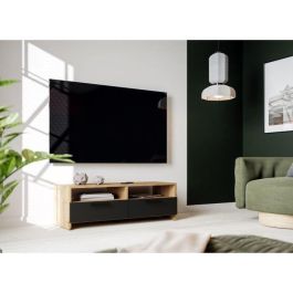Mueble TV PILVI - Estilo contemporáneo - Decoración Roble y Negro - 2 solapas + 2 nichos - L 95 x P 36 x H 34,5 cm Mueble TV PILVI - Estilo contemporáneo - Decoración Roble y Negro - 2 solapas + 2 nichos - L 95 x P 36 x H 34,5 cm