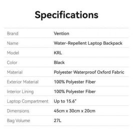 Vention KRLB0 Mochila Impermeable 27L de Poliéster para Portátiles de hasta 15.6 pulgadas, Color Negro Vention KRLB0 Mochila Impermeable 27L de Poliéster para Portátiles de hasta 15.6 pulgadas, Color Negro