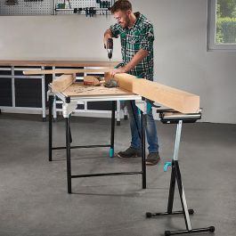 Wolfcraft Caballete Multifuncional con Soporte y Rodillo 6102300, Ajustable y Plegable para Apoyo de Tablas y Placas Largas