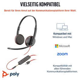 HP C3225 Blackwire Auriculares Diadema Estéreo con Micrófono, Control de Volumen, Jack 3.5 mm y Adaptador USB-C a USB-A Negro