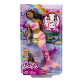 Barbie Muñeca Sirena Florece Morena JDM73 Mattel con Flores Sorpresa, Cola Degradada y Pelo Castaño con Mechas Moradas +3 Años