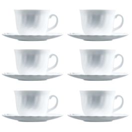 Luminarc Set 6 Tazas con Plato de Vidrio Opal Trianon 22 cL Blanco, 12 piezas, Templado y Extra Resistente, Apto Lavavajillas y Microondas