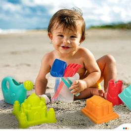 Cubo de playa castillo 18cm con palas 27cm, regadera y 5 moldes en bolsa