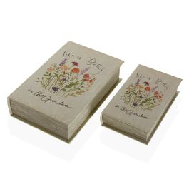 Juego de Cajas Decorativas Versa Libro Flores Lienzo Madera MDF 7 x 27 x 18 cm