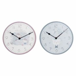 Reloj de Pared DKD Home Decor Azul Rosa Madera Metal Plástico Madera MDF Infantil Pájaro 24 x 3 x 24 cm (2 Unidades)