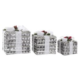 Juego de Cajas Decorativas DKD Home Decor LED Blanco Rojo Verde Plateado Metal Nevado 25 x 25 x 29 cm (3 Piezas)