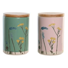 Bote DKD Home Decor 11,5 x 11,5 x 17,5 cm Floral Rosa Verde Bambú Gres Shabby Chic (2 Unidades)
