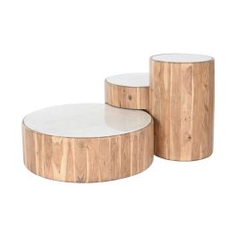 DKD Home Decor Mesa Centro Moderno Blanco Natural Acacia Mármol Set de 3 38.5 x 58.5 x 38.5 cm