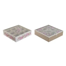 Caja para Infusiones Home ESPRIT Blanco Rosa Metal Cristal Madera MDF 24 x 24 x 6,5 cm (2 Unidades)