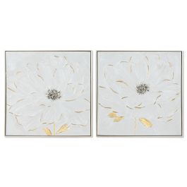 Cuadro Home ESPRIT Blanco Dorado Poliestireno Lienzo Flor Shabby Chic 62 x 4,5 x 62 cm (2 Unidades)