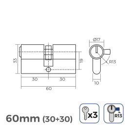 Cilindro 60mm (30+30mm) niquelado, leva corta r13 con 3 llaves de serreta incluidas