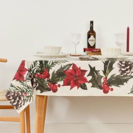 Mantel resinado antimanchas Belum Christmas Flowers Blanco Marrón Rojo Verde 200 x 150 cm