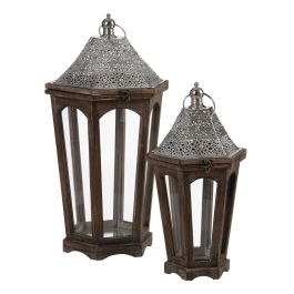 Farol 32 x 28 x 60 cm Portavelas Marrón Plata Madera de abeto (2 Unidades) Farol 32 x 28 x 60 cm Portavelas Marrón Plata Madera de abeto (2 Unidades)