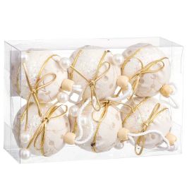 Bolas de Navidad Blanco Dorado Polyfoam Tejido Lazo 6 x 6 x 6 cm (6 Unidades)