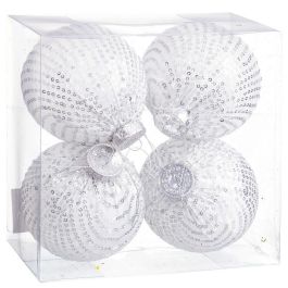 Bolas de Navidad Blanco Plateado Plástico Tejido Lentejuelas 10 x 10 x 10 cm (4 Unidades)