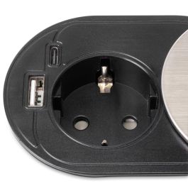 Emuca Multiconector con tapa deslizante Vertikal Flat 60, diámetro 60mm, 1 enchufe tipo Schuko, 1 USB tipo A, 1 USB tipo C, Acero y Plástico, Acero inoxidable