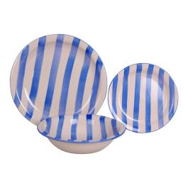 DKD Home Decor Vajilla de Gres Mediterraneo con Rayas, Set de 18 Piezas, Multicolor Azul Amarillo Rojo, Apta Lavavajillas y Microondas
