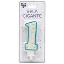 Party Time Vela Numeral Número 1 para Aniversario 14 cm Decorada con Círculos y Ribete, Pincho para Tarta, Colores Surtidos