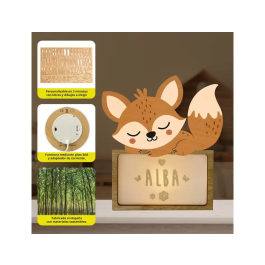Wondee Lampara Infantil Personalizable Little Fox de Madera Sostenible para Niños, Luz Nocturna Quitamiedos con Nombre