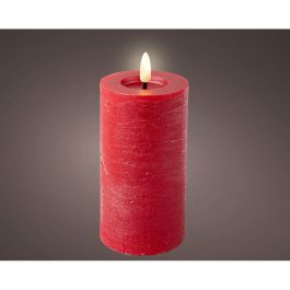 Lumineo Vela LED de Cera Roja, Efecto Llama, Superficie Rústica Ø7x15 cm, Luz Cálida, Temporizador