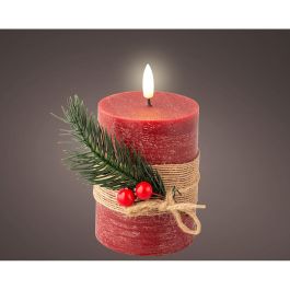 Lumineo Vela LED Cera Efecto Llama Rústica con Ramillete Roja Ø7.5x13cm, Luz Cálida, Temporizador, Pilas AA (No Incluidas)