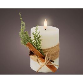 Lumineo Vela LED efecto llama, cera blanca rústica con ramillete, Ø7.5x13cm, luz cálida, temporizador 6h, interior