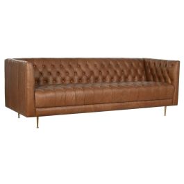 DKD Home Decor Sofá Piel Cognac Dorado Capitoné Mueble de Salón Colección Leather top 23 - Modelo Item Home 209x77x74 cm